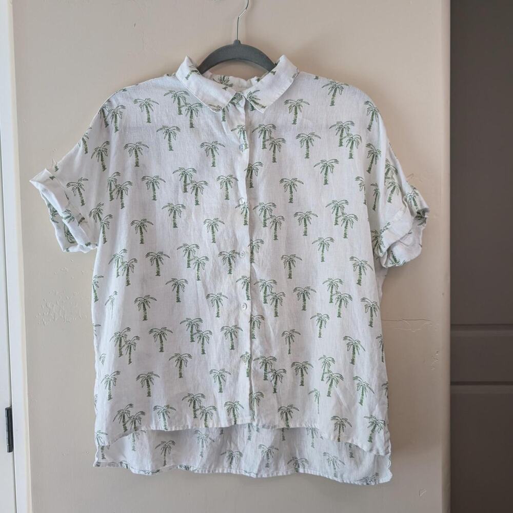 C&C California 100% Linen Palm Tree Print Button Down Shirt Medium High Low